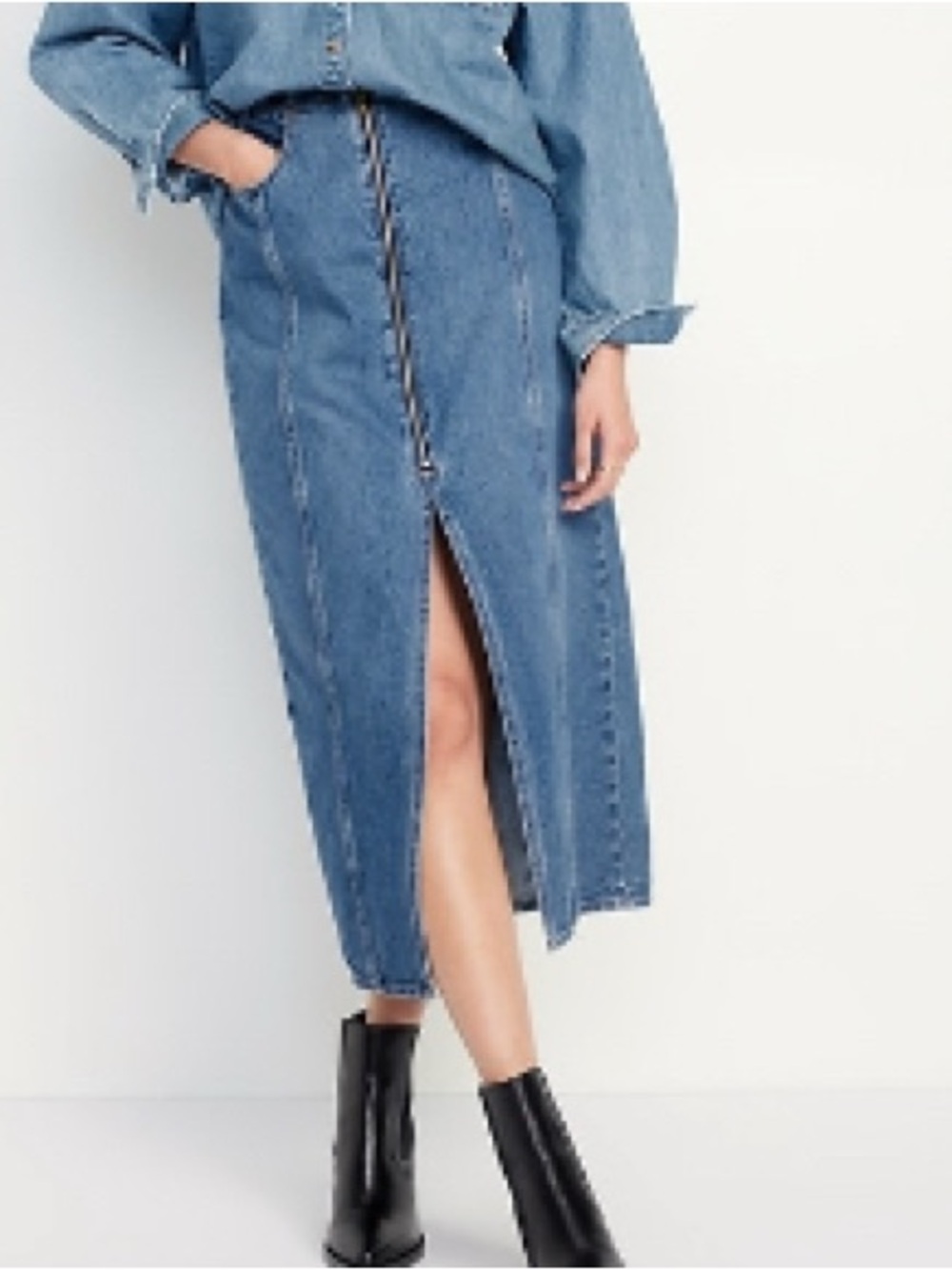Old Navy Blue Denim Midi Skirt with Front Zip and Slit